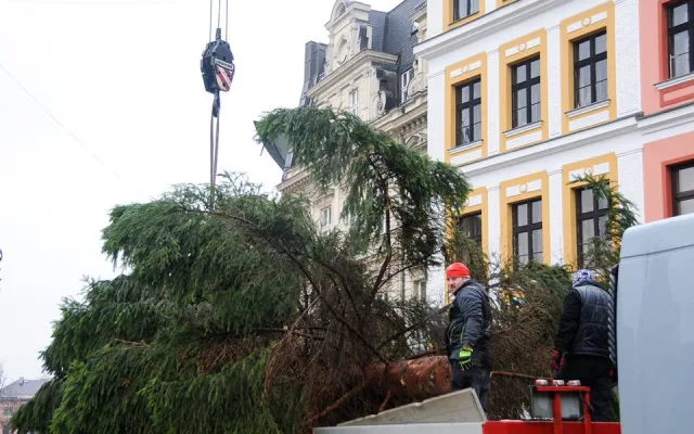 Vánoční strom dorazil na náměstí. Zítra se začne s jeho zdobením.