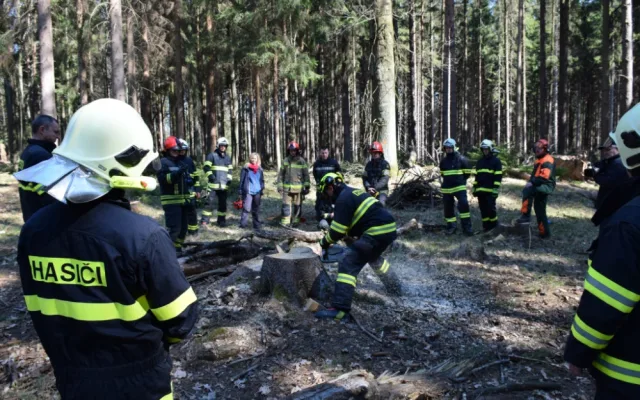 Hasiči si v rámci přeshraničního workshopu vyzkoušeli práci s motorovkou.