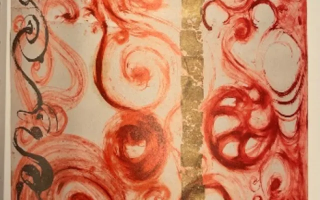 Margita Titlová-Ylovsky - Stéla VI., 1988, plátkové zlato, hlína, rtěnka, papír, 370 x 210 cm