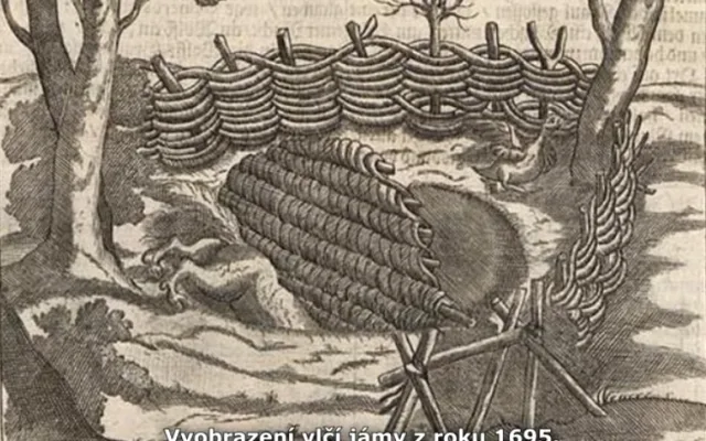 Historické vypodobnění vlčí jámy.