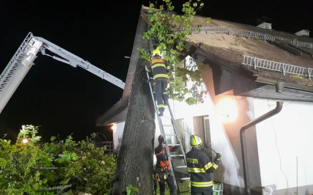 Vzrostlý strom spadl na štít domu v Liberci Kunraticích. Pomohli hasiči