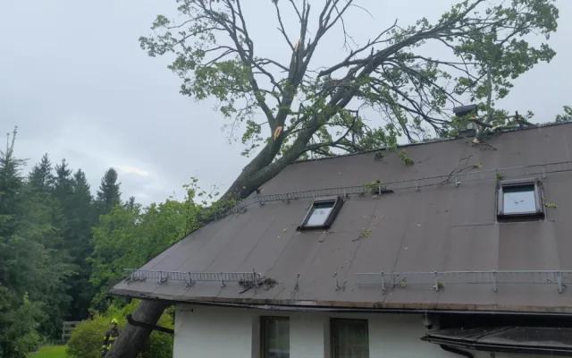 Vzrostlý strom spadl na štít domu v Liberci Kunraticích. Pomohli hasiči