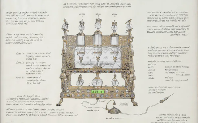 Jiří Černický, Katolický stroj na eutanazii, 2020, 111 x 121 cm, tuš a zlatá barva na papíře