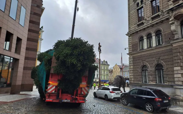 Vánoční strom dorazil před Libereckou radnici