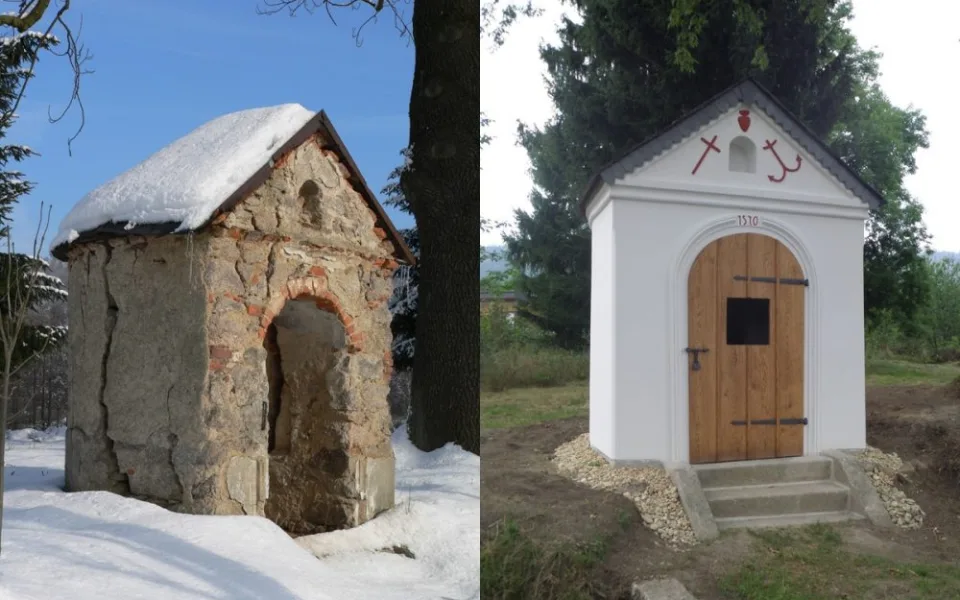 Kaple před a po rekonstrukci. Foto: NPÚ Liberec