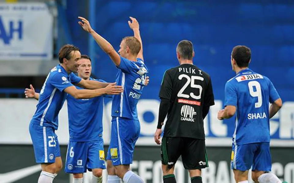 Hráči Slovanu po vítezném gólu Pokorného. Foto: fcslovanliberec.cz