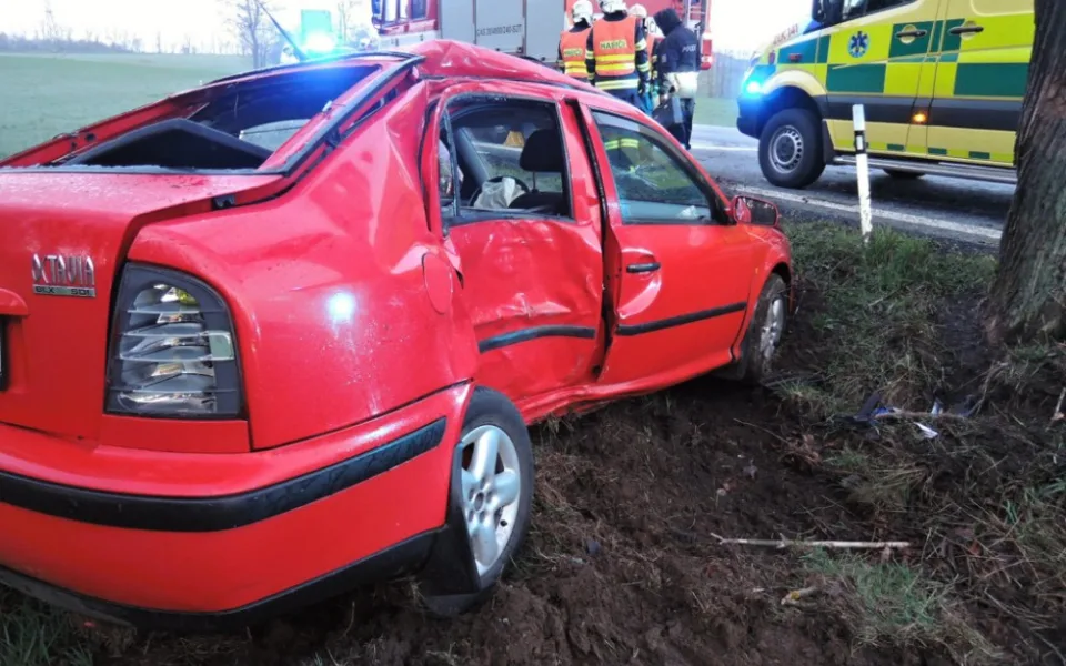 Octavii na mokré silnici neukočíroval, auto zastavil až o strom u silnice