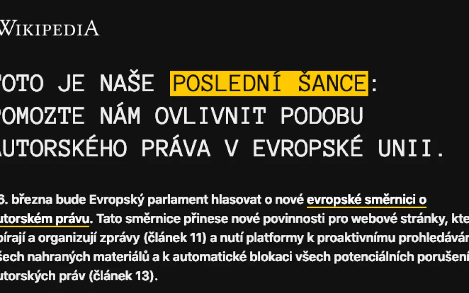 Na protest proti změně autorského práva je vypnuta Wikipedie.