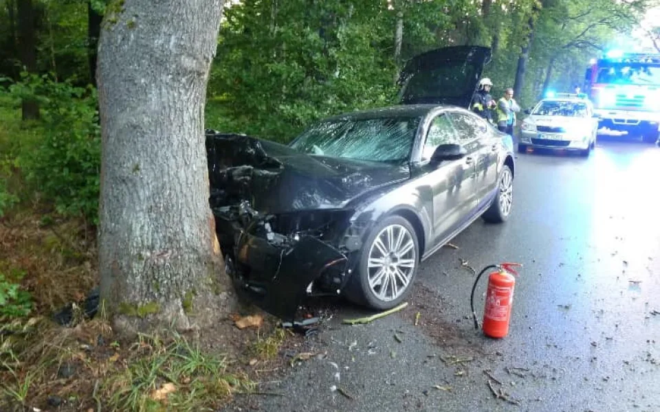 Auto po nárazu do stromu.