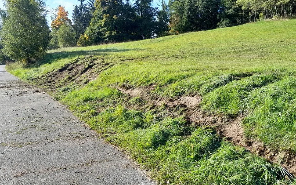 Poškozená zeleň a znečištěná komunikace včetně in-line tratí