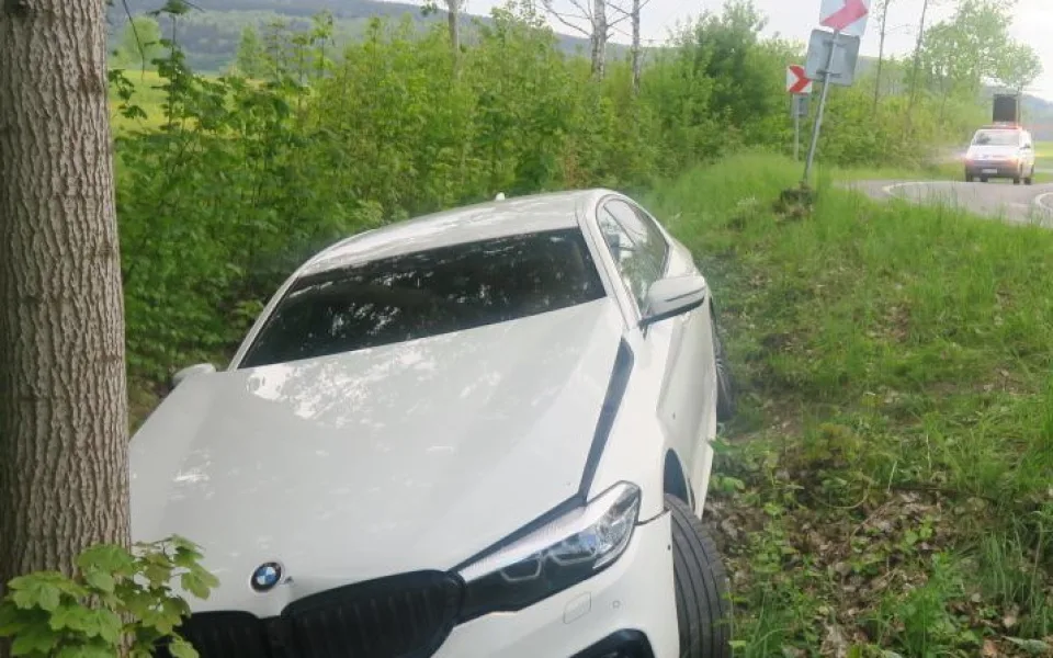 Řidička za jízdy upravovala zpětné zrcátko. V zatáčce vrazila do značky a vyjela mimo silnici