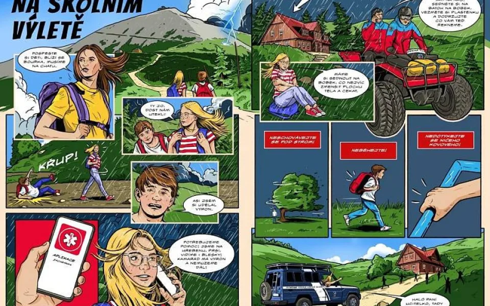Komiks ukazuje, jak se chovat při bouřce.
