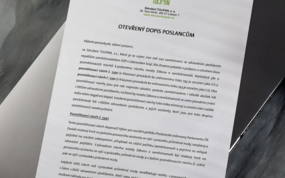 Sdružení TULIPAN žádá poslance o pozměňovací návrhy novely Zákona o zaměstnanosti. Bez nich může přijít propouštění lidí s postižením