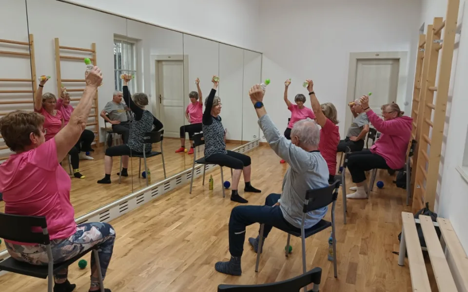 Na snímku cvičení pacientů, které pravidelně organizuje Parkinson klub Liberec. Zlepšuje jejich fyzickou i psychickou kondici.